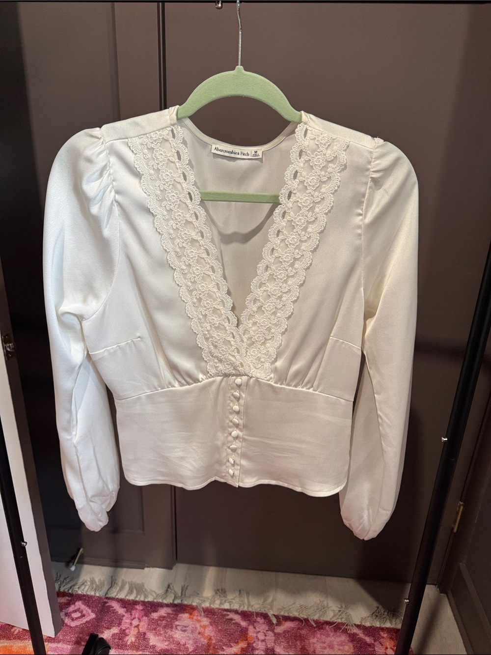 Abercrombie & Fitch Ivory Lace-Trim V-Neck Blouse